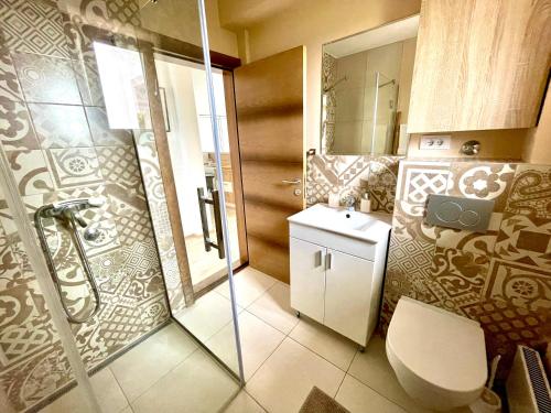 a bathroom with a shower and a toilet and a sink at Cozy apartments in Belgrade, Čukarica, Železnik, free parking and WiFi in Belgrade