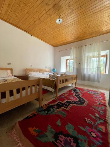 a bedroom with two beds and a red rug at Guest House Rrashkadoli in Theth