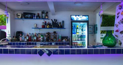 a bar with a refrigerator and bottles of alcohol at Villa Nicodemo in Paestum