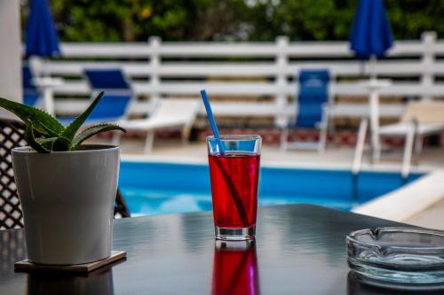 a drink on a table next to a potted plant at Villa Nicodemo in Paestum