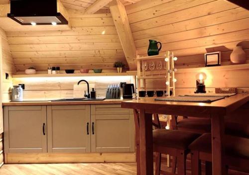 uma cozinha num chalé de madeira com tecto de madeira em Osada Poli - domek 4 em Koniaków