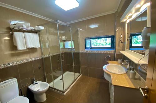 La salle de bains est pourvue d'une douche, de toilettes et d'un lavabo. dans l'établissement Apartamentos Ca Moran, à Avilés