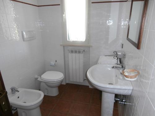 a white bathroom with a toilet and a sink at Agriturismo Poggio Sassineri in Magliano in Toscana