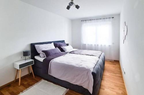 um quarto com uma cama grande e uma janela em Friendship Suite em Mörbisch am See