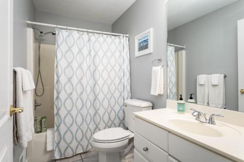 een badkamer met een toilet, een wastafel en een douche bij Bissell Creek Woodside Cottage in Williamsburg