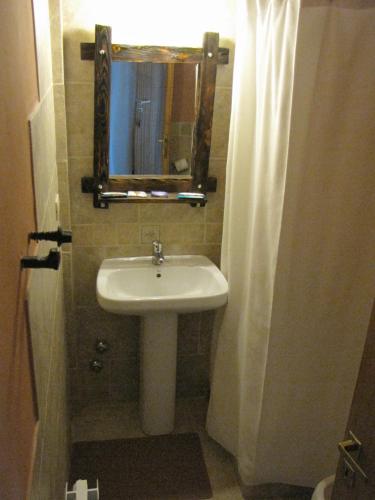 a bathroom with a sink and a mirror at Hosteria del Sauquen in Caviahue