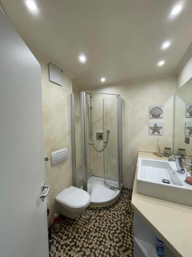a bathroom with a shower and a toilet and a sink at Hafenbude Husum in Husum
