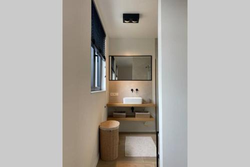 a bathroom with a sink and a mirror at Schitterend nieuwbouw appartement in Gent in Ghent