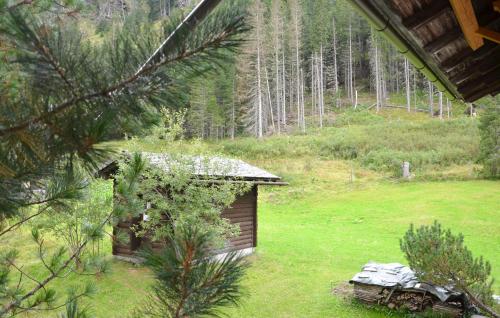 a small cabin in a field with trees in the background at Gästehaus Christophorus in Innerkrems