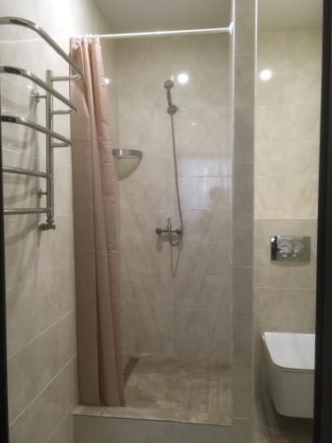 baño con ducha y puerta de cristal en mini-hotel Neptun en Rivne
