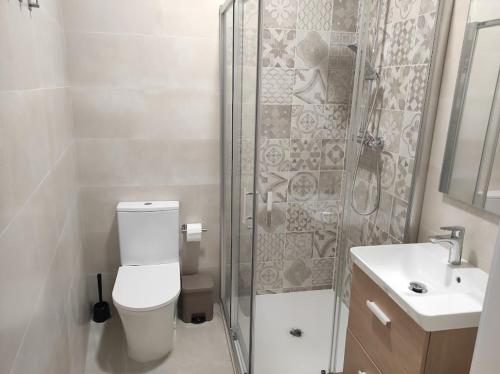 a bathroom with a shower and a toilet and a sink at APARTAMENTO TURISTICO LEO BAENA in Baena