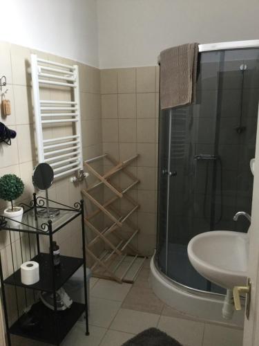 a bathroom with a shower and a sink at Bazilika Vendégház in Eger