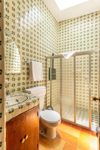 a bathroom with a toilet and a sink and a shower at Hotel Hacienda Montesinos in Morelia