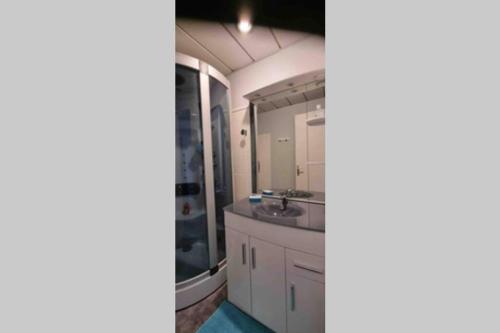 un baño con lavabo y espejo en La plage Superbe studio refait à neuf, en Calais