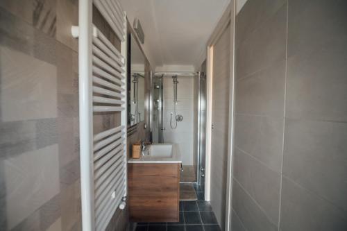 a bathroom with a sink and a shower and a mirror at Vicolo72 in Calitri