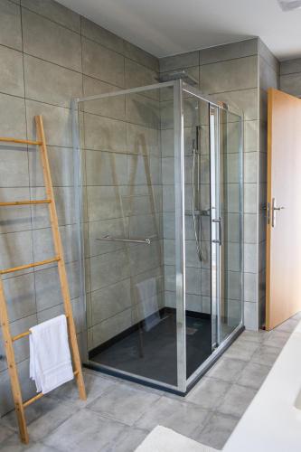 a shower with a glass door in a bathroom at Refúgio Da Gandra in Vila Nova de Cerveira