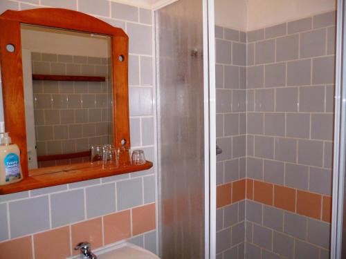 a bathroom with a shower with a sink and a mirror at Švehlíkova Chata in Nové Hutě