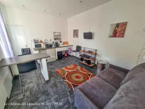 un salon avec un canapé et une table dans l'établissement Château des Lumières Gîte et gîte insolite, à Saint-Blimont