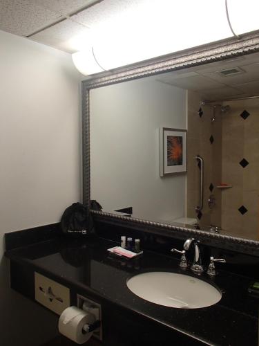 a bathroom with a sink and a large mirror at DoubleTree by Hilton Corpus Christi Beachfront in Corpus Christi