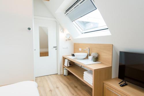 a bathroom with a sink and a skylight at Fietshotel Zee van Tijd Holwerd in Holwerd