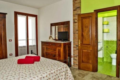 a bedroom with a bed and a television and a bathroom at Agriturismo Diaccia Botrona in Castiglione della Pescaia