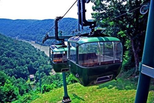 two green gondolas flying over a hill at Hawks Nest Lodge in Ansted