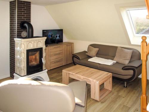 ein Wohnzimmer mit einem Sofa und einem Kamin in der Unterkunft Apartment zum Katzengrund II by Interhome in Hinrichshagen