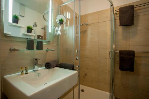 a bathroom with a sink and a glass shower at Apart Ritzkogel Willingen in Willingen