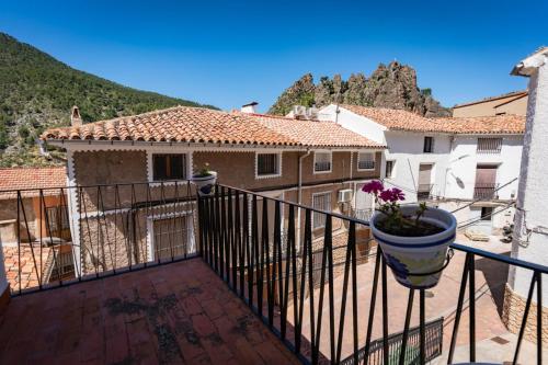 a balcony of a house with a potted plant at Casas Rurales Balcón de las Mayas in Ayna