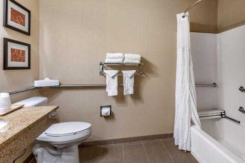 a bathroom with a toilet and a tub and a shower at Comfort Suites Linn County Fairground and Expo in Albany