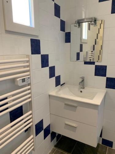 a bathroom with a sink and a mirror at appartement Violette in La Guerche-sur-lʼAubois