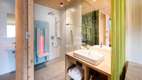 La salle de bains est pourvue d'un lavabo et d'une douche. dans l'établissement Der Reschenhof, à Mils bei Hall