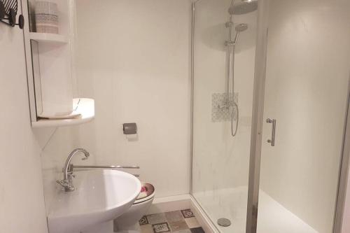 een witte badkamer met een douche en een wastafel bij Aubaterra in Aubeterre-sur-Dronne