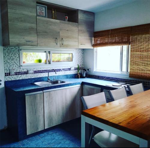 a kitchen with a sink and a wooden table at Cabaña Los Pinos in Villa Icho Cruz