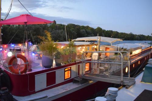un bateau est amarré avec des lumières allumées dans l'établissement Bateau, Péniche Marboré - Disney, à Lagny-sur-Marne