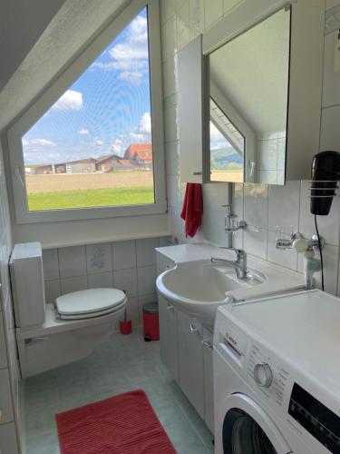 a bathroom with a sink and a toilet and a window at Sunshine in Messen