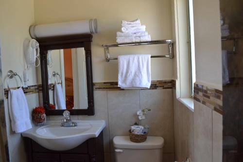 a bathroom with a sink and a toilet and a mirror at El Rancho Dolores at JT National Park in Twentynine Palms