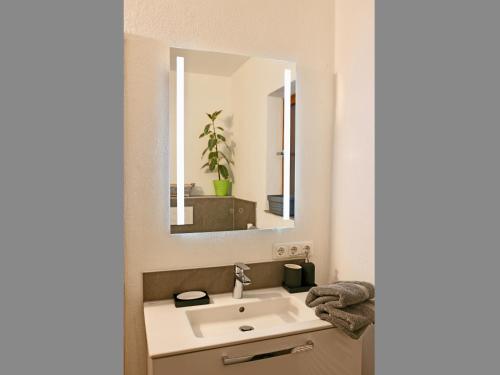 a bathroom with a sink and a mirror at Ferienwohnungen Mittermayer in Aschau im Chiemgau