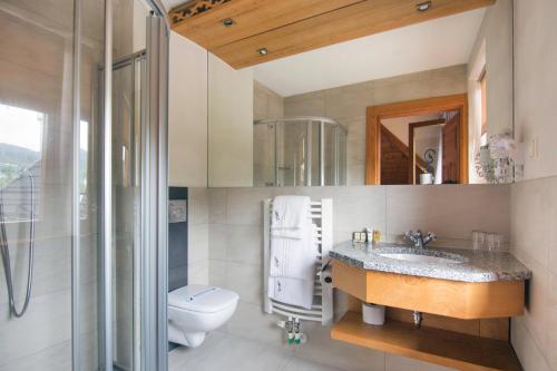 a bathroom with a toilet and a sink and a shower at Hotel Sabała in Zakopane