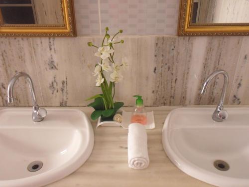 a bathroom with two sinks and a vase of flowers at Pousada Anga in Baixio