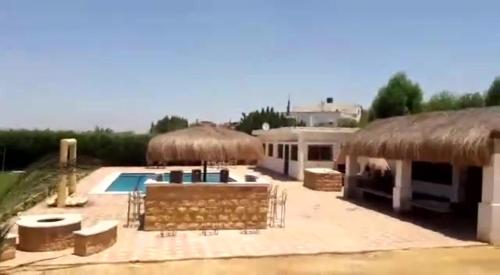 a house with a swimming pool and a thatch roof at شاليه بالساحل الشمالى* in Kafret Eilet el Taflal