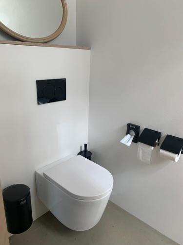 a bathroom with a white toilet and a mirror at Het Lage Noorden in Marrum