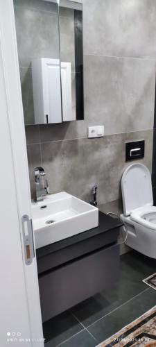a bathroom with a sink and a toilet and a mirror at Sapanca villa in Sapanca
