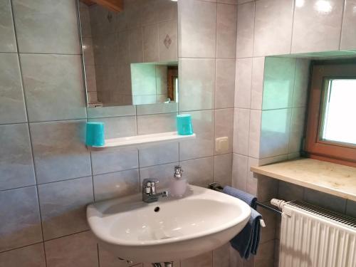 La salle de bains est pourvue d'un lavabo et d'un miroir. dans l'établissement Beim Grafen, à Frasdorf