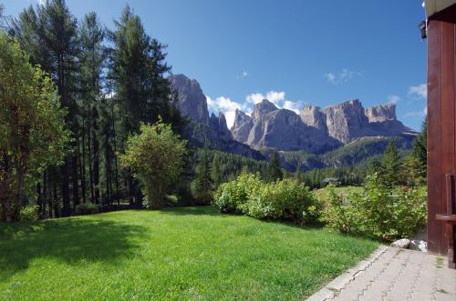 a green lawn with mountains in the background at Appartamenti Pastüres in Colfosco