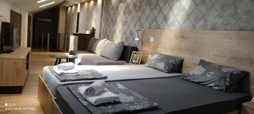 um quarto de hotel com duas camas e um sofá em Inbox Apartments em Bitola