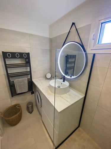 une salle de bain avec un lavabo et un miroir dans l'établissement Face à la mer, Cassis et son Cap Canaille, à Cassis