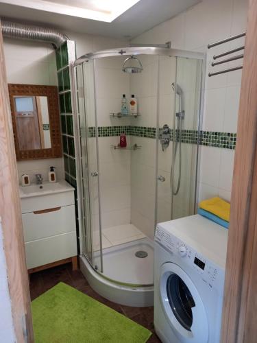 a bathroom with a shower and a washing machine at Apartament Promenada in Częstochowa