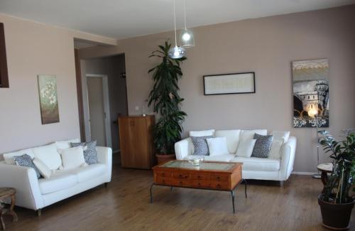 a living room with white couches and a coffee table at Infinity view villa in Nata