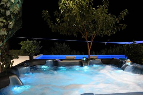 a hot tub in a backyard at night at Infinity view villa in Nata